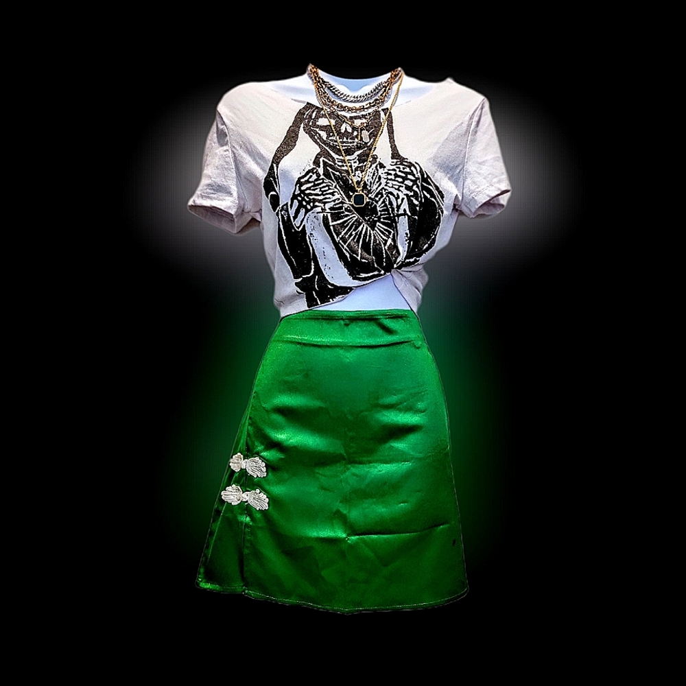 Green satin mini skirt with slit size s/m